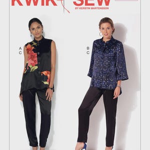 May include: Kwik Sew K4195 sewing pattern featuring two women modeling a black top and pants ensemble. One top is sleeveless with a floral print, the other is a long-sleeve navy blue top with a geometric pattern. The pattern includes the text "Kwik Sew" and "By Kerstin Martensson".