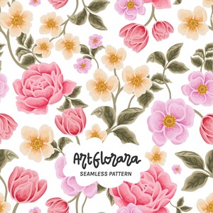 Può includere: Motivo floreale senza cuciture con fiori rosa, pesca e gialli e foglie verdi su sfondo bianco. Il design include rose, tulipani e altri fiori. Il testo "Artflorara" e "Seamless Pattern" sono inclusi.