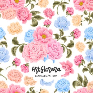 Può includere: Un motivo senza cuciture con rose ad acquerello nei toni del rosa, pesca, giallo e blu, con foglie verdi su sfondo bianco. Il testo "Artflorara" e "Seamless Pattern" è incluso.