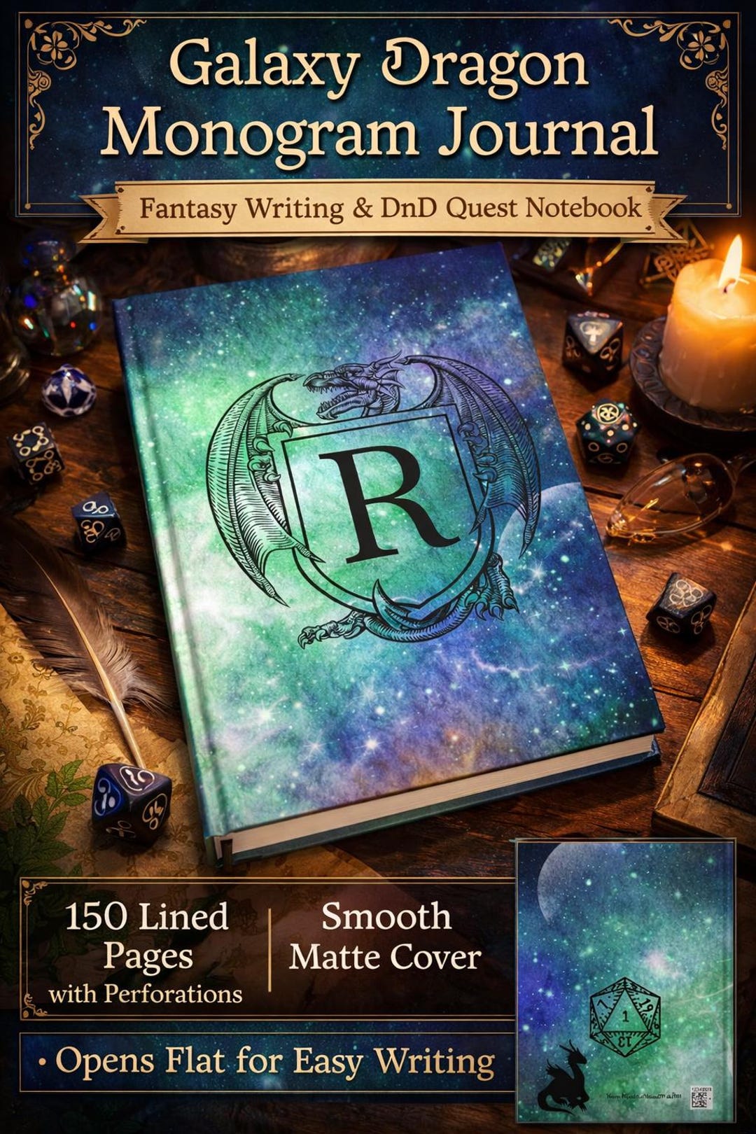 Personalized Monogram Dragon Crest Journal | Galaxy Hardcover D20 Dice ...