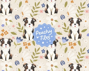 Dog Repeat Pattern Border Collie Puppy Pastel Floral Seamless Pattern Printable Digital Paper For Kids or Baby, Vintage Nursery Fabric Decor
