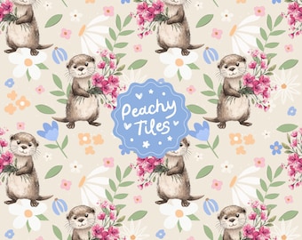 Zeeotter naadloos patroon. Ontwerp met schattige dierenkwekerijstof. Lente bloemen herhalingspatroon voor kinderen. Scrapbookpapier met pastelkleurige bloemen in het wild