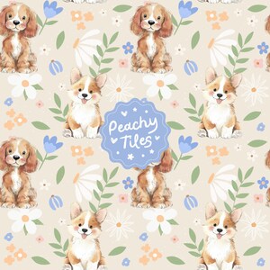 May include: A repeating pattern featuring cartoon dogs, flowers, and leaves on a beige background. The dogs are brown and white, with floppy ears and happy expressions. The flowers are white, blue, and orange. The text "Peachy Tiles" is in a blue circle.