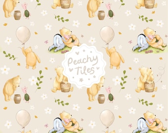 Nalle Puh sömlöst mönster. Könsneutral Puh & vänner barnrumstygdesign. Söt Nasse Ior vårblommig scrapbookingpapper