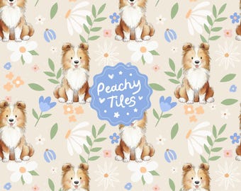 Dog Seamless Pattern Sheltie Puppy Pastel Floral Repeat Pattern Printable Nursery Cottagecore Digital Paper For Kids Fabric, Wallpaper Decor