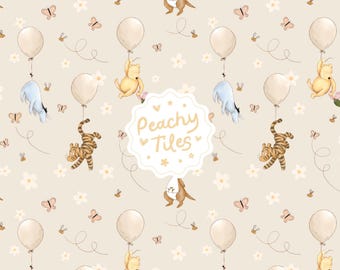 Classic Pooh Seamless Pattern. Neutral Girl Winnie The Pooh & Friends Balloon Baby Nursery Fabric Design. Piglet Eeyore Tigger Repeat File