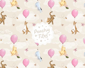 Classic Winnie the Pooh Seamless Pattern. Pink Girls Pooh & Friends Balloon Baby Nursery Fabric Design. Piglet Eeyore Tigger Scrapbook Paper