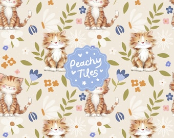 Cute Cat Seamless Pattern. Cottagecore Baby Nursery Fabric Design. Kitten Digital Paper, Kids Spring Floral Pet Animal Print Repeat Pattern.