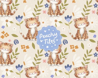 Söt kattunge sömlöst mönster. Cottagecore babyrumstygdesign. Katt digitalt papper, barn vårblommigt husdjurstryck med djurmotiv, upprepat mönster.