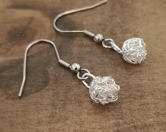 Silver Plated Ball Earrings, Knitted Wire Dangle Earrings