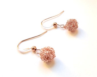 Rose gold ball Earrings, knitted wire dangle earrings
