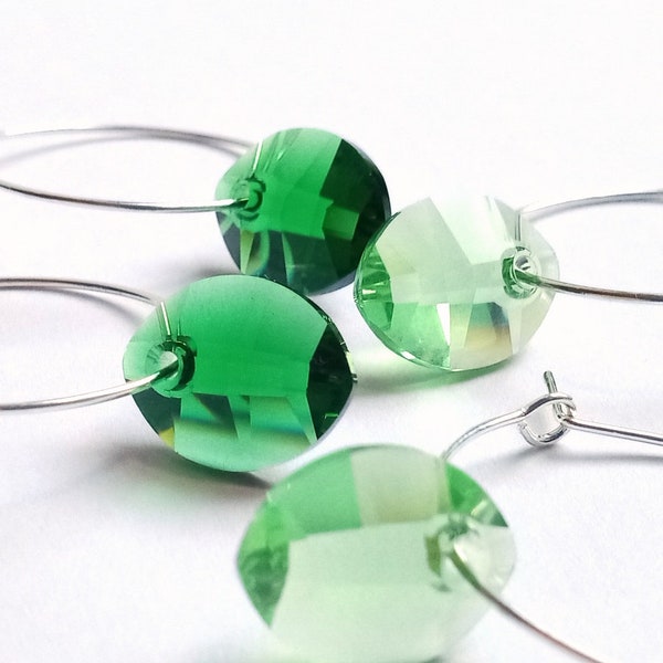 Crystal Leaf Hoop Earrings, choice of spring green or forest green crystal leafs
