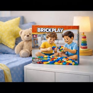 Puede incluir: Una caja de bloques de construcción Brickplay con dos niños jugando con bloques de colores. La caja muestra el texto "BRICKPLAY" y "6+" con "437 piezas" debajo. Un oso de peluche y una almohada en forma de estrella están en el fondo.