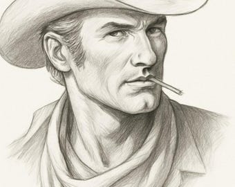 Vaquero Clásico en Blanco y Negro | Retrato Western a Lápiz | Arte Digital Descargable | Ilustración Masculina Vintage