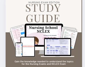 May include: A digital study guide for nursing exams, featuring a computer monitor, laptop, tablet, and smartphone displaying study materials. The text reads "Nursing School NCLEX" and "Study Guide". The image also includes the text "Gain the knowledge needed to understand the topics for the Nursing Exams and NCLEX Exam."
