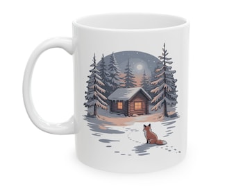 Winter Wald Fuchs Tasse, gemütliche Hütte Kaffeetasse, verschneite Waldtier Kunst Keramik Tasse, einzigartige Fuchs Liebhaber Geschenk für Weihnachten & heiße Kakao Saison