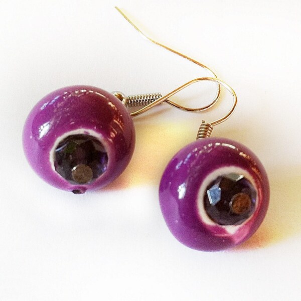 Violet Earrings, Ceramic and Cut Crystal, Romantic