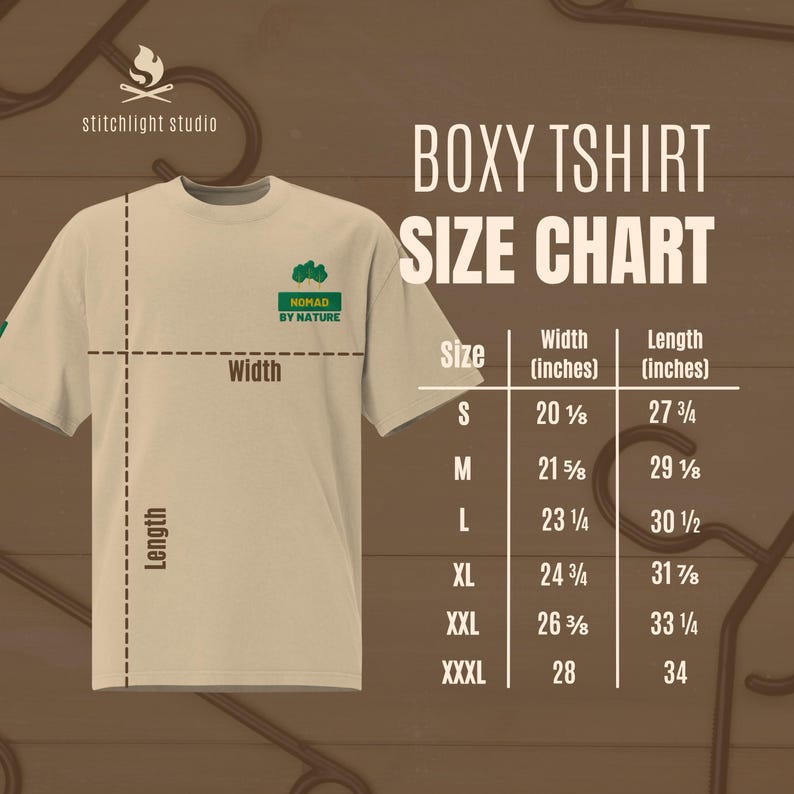 May include: A beige boxy t-shirt with the text "NOMAD BY NATURE" and a size chart. The chart shows measurements in inches for sizes S to XXXL, including width and length.