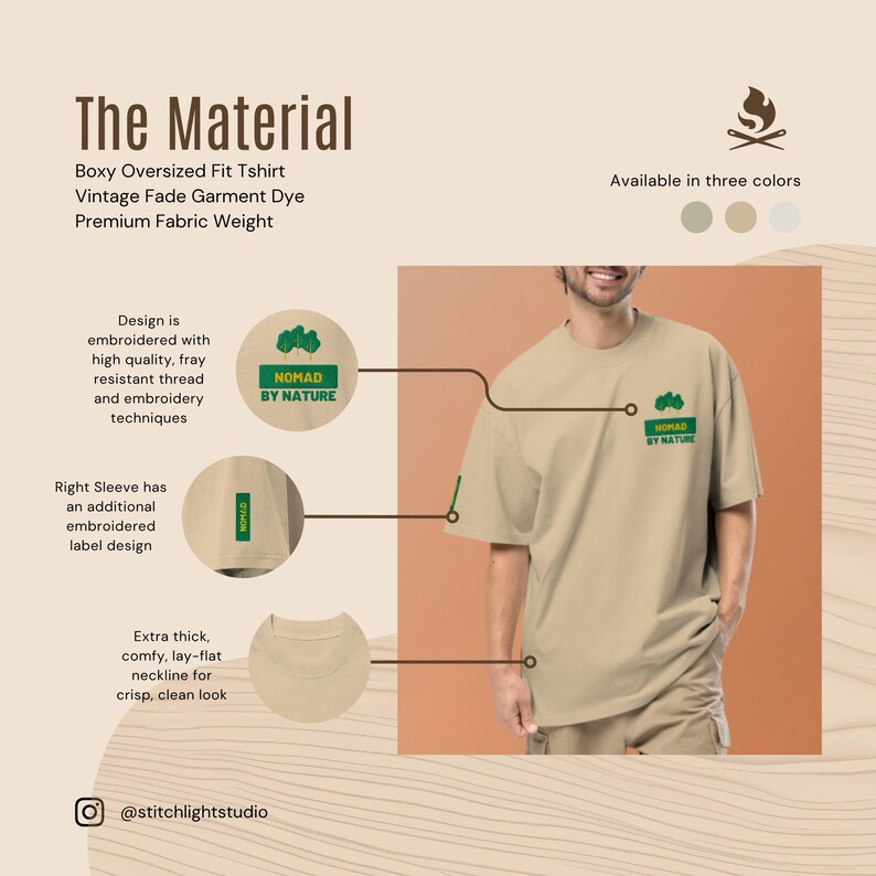 May include: A tan boxy oversized fit t-shirt with the text "NOMAD BY NATURE" embroidered on the chest and sleeve. The shirt is made with premium fabric and is available in three colors. The neckline is lay-flat for a crisp look.