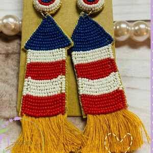 4th of July Rocket Firework Beaded Earrings w/ Fray, Independence Day, Red White Blue Earring, Mama July 4th, Sparkler, Tassel Post Style