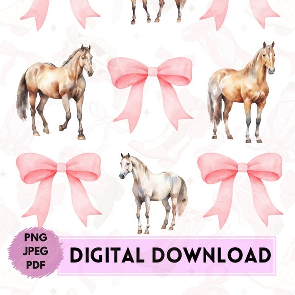 Coquette noeuds et chevaux en téléchargement numérique Pdf Png Jpeg, chevaux de fille de la campagne, cadeaux équestres, cavalier, entraîneur de chevaux, cheval brun