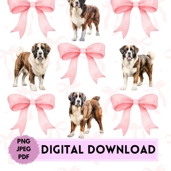 Coquette Bows & St. Bernard Dog Breed Digital Download Pdf Png Jpeg, St. Bernard Rescue Mama, Create Your Own Shirt, Wall Art, Pink Bows Dog
