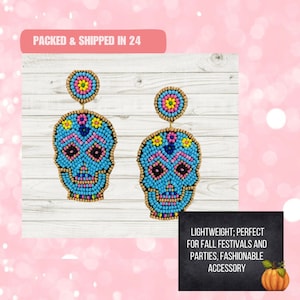 Pendientes de cuentas de calavera de azúcar del Día de los Muertos en azul claro, pendientes de Halloween, pendientes de calavera, pendientes de dulces, Día de los Muertos, truco o trato