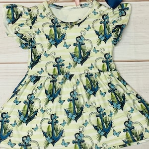 Milk Silk Ocean Anchors Away Flutter Sleeve Dress, Girls Butterfly, Beach Ocean Summer Days Toddler, Cruise Dress 12M Size, Green and Blue