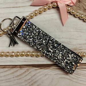 Silver w/ Black and Blue Glitter Wristlet KeyChain, Mama Wallet Purse Accessory Birthday Gift, Key Holder, Key Fob, Keychain *Ships in 24