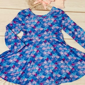 Milk Silk Long Sleeved Mermaid Twirl Dress, Girls Fish Scales, Purple & Blue Mermaid Fins, Birthday Party, Ocean Adventures Dress, Aqua