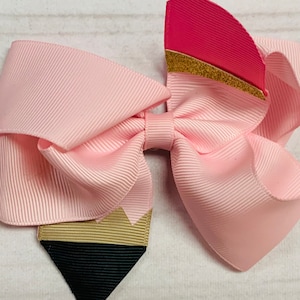 Back to School First Day of School 4.5&quot; Pencil Hair Bows, School Bus, Apples,Preschool, Meet the Teacher, Rainbow Pencil Bows Multiple Color