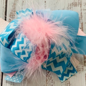 Light Blue & Pink Zigzag Hair Bow w/ Pink Feathers, Gender Reveal, Girls Toddler, Baby Shower, Easter, Big Sister, County Fair Inspired