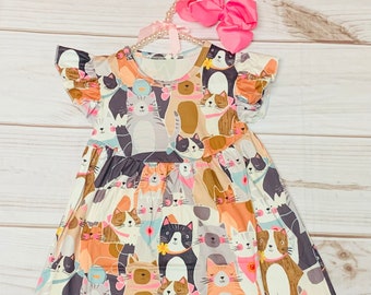 Milk Silk All the Kittens and Cats Flutter Sleeve Dress, Girls Toddler Kitty Party, Stray Kitties, Adoptable Cats, Gray, Orange, Party Cat