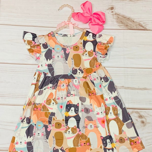 Milk Silk All the Kittens and Cats Flutter Sleeve Dress, Girls Toddler Kitty Party, Stray Kitties, Adoptable Cats, Gray, Orange, Party Cat