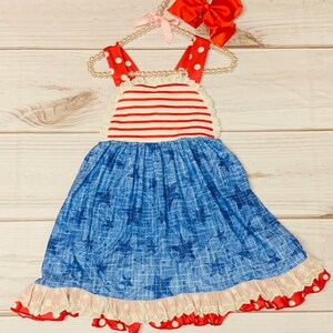 Milk Silk Ruffled America Sleeveless Dress, Criss Cross Straps, Girls Toddler, 4th of July Dress, Independence Day, Stars & Stripes, Ruffles