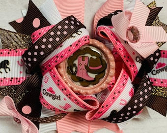 Cowgirl Boots & Horses Hair Bow, Horse Riding, Equine, Equestrian, Girl Toddler Pink Brown Hair Bow, Horseshoe, Horseback, Pink Polka Dots