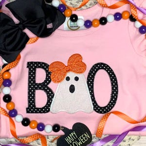 Halloween Ghost w/ Glitter Bow & Boo Applique Embroidered Tee Shirt or Sweater for Kids Trick or Treat Cute Ghost, Black Polka Dot Sister
