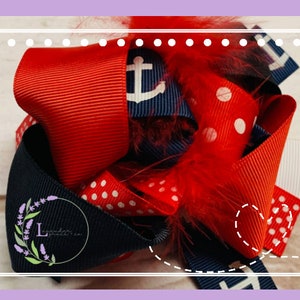 Red White & Blue Anchors Away Hairbow w/ Feather, Girls Toddler, Pirates, Ocean, Beach, Summer, Cruise, Vacation 4th of July American Girlie