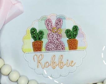 Embroidered Easter Bunny Applique w/ Glitter and Name, Girls Easter Shirt, Easter Sunday Apparel, Easter Pictures, Custom Name Embroidery