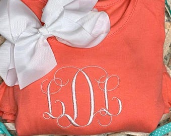 Embroidered Monogrammed or Name Ruffle Dress, Back to School Initials Embroidery, Birthday Apparel, Fancy Vine Font Personalized Dress Girls