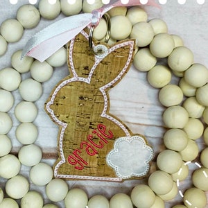 Embroidered 4&quot; Easter Bunny with White Felt Tail Basket Tags on Faux Cork Name Personalized Bunny Gift Add On Satin Finish Stitch Basket Tag
