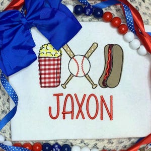 Embroidered Baseball Hotdog Popcorn Shirt, Boys or Girls Customizable Shirt, Applique Shirt, Baseball Shirt, Softball Shirt, First Game