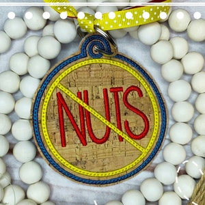 Embroidered No Nuts Bag Tag with Key Ring and Ribbon on Faux Cork, Backpack Bag Tag, Allergy Tag for School, Preschool, Aftercare, Lunchbox