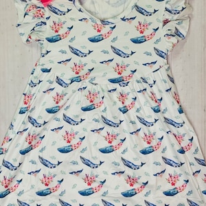 Milk Silk Tropical Island Whale Flutter Sleeve Dress, Girls Toddler White Ocean Theme, Humpback Whale, Ocean Friend Adventures, Coral Reefs