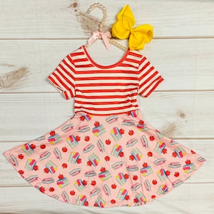 Milk Silk Red White Striped Back to School Twirl Dress, Girls Toddlers, School Bus, Books, Pencil Short Sleeve Twirl, First Day of School