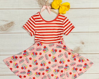 Milk Silk Red White Striped Back to School Twirl Dress, Girls Toddlers, School Bus, Books, Pencil  ****Ships in 24 hours! Comfortable Soft