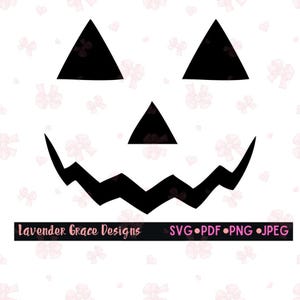 May include: Black and white silhouette of a jack-o'-lantern face with a wide, toothy grin. The face has two triangle eyes and a triangle nose. The text "Lavender Grace Designs" and "SVG - PDF - PNG - JPEG" is at the bottom of the image.