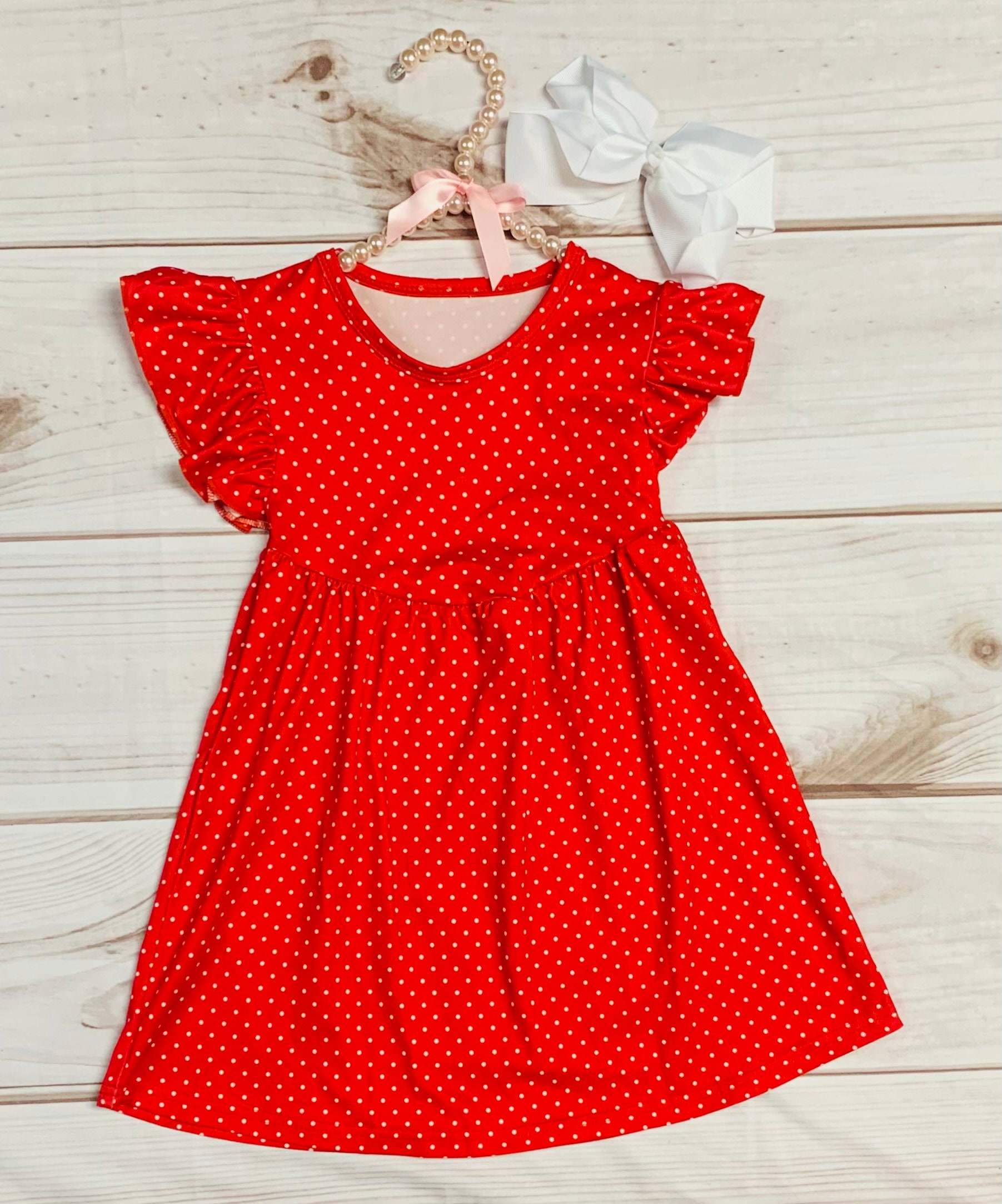 open lace back dress In Stock Q06-05-01)Girls Red White Dot Embroidery Smocked Dress