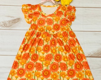 Milk Silk Orange Daisy Flutter Sleeve Dress, Girls Toddler Summer Wild Flowers, Preschool, Autumn, Flowers, Floral Dress *Ships in 24