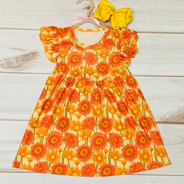 Milk Silk Orange Daisy Flutter Sleeve Dress, Girls Toddler Summer Wild Flowers, Preschool, Autumn, Flowers, Floral Dress *Ships in 24